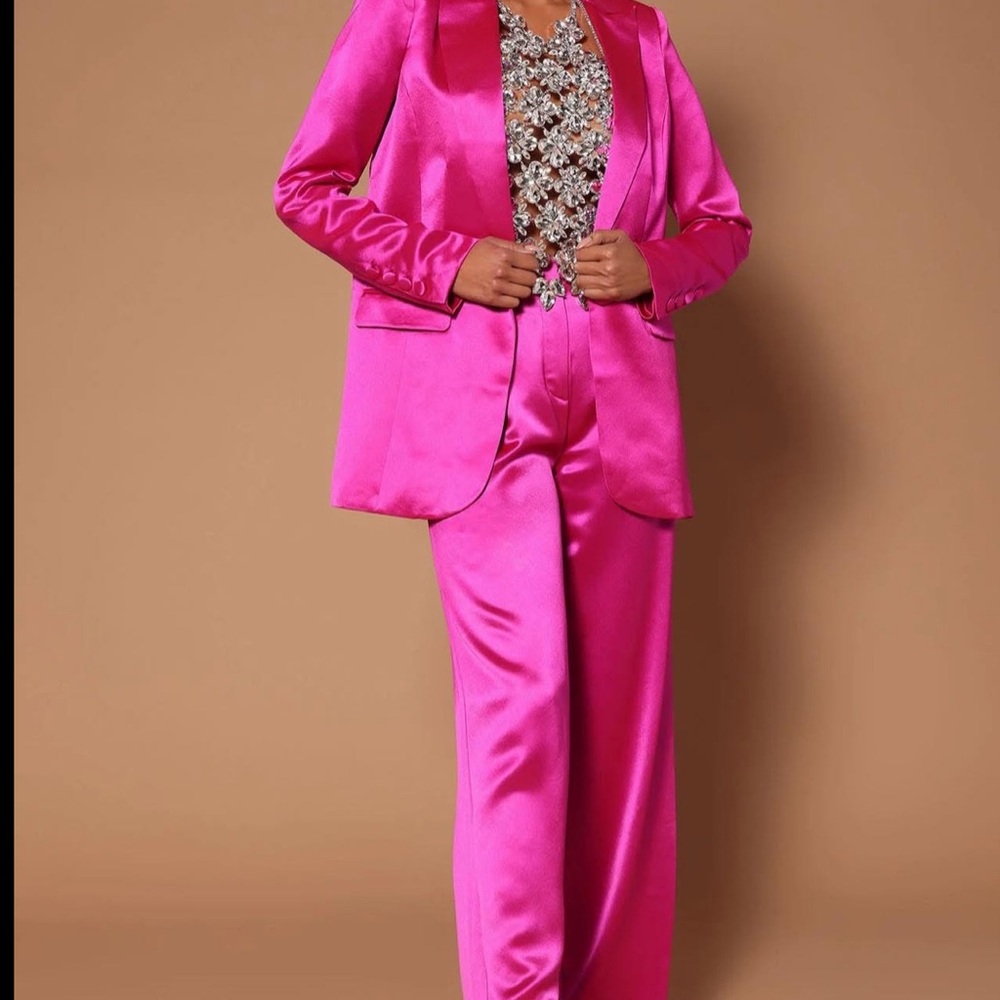 Vibrant Pink Satin Blazer and Pants Set